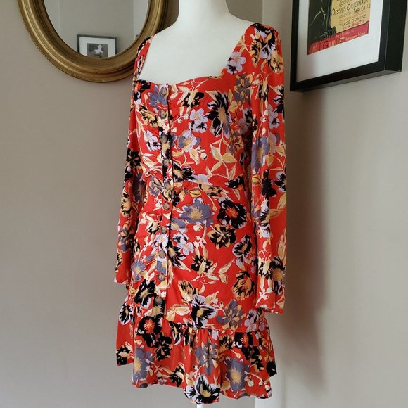 Free People Red Floral Button Front Dress Size 6 NWT - Picture 4 of 16